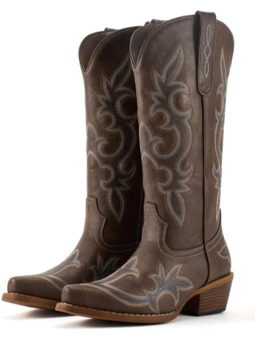 Women's Brown Boots Mid Calf Western Cowgirl Boots Chunky Heels Snip Toe Boots